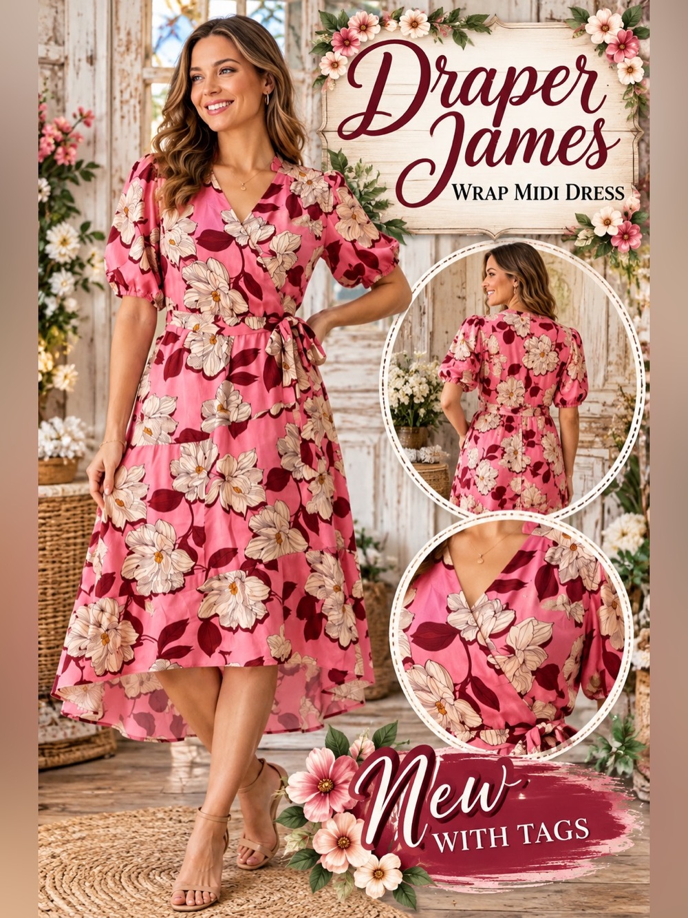 Draper James Rose Pink Floral Wrap Midi Dress